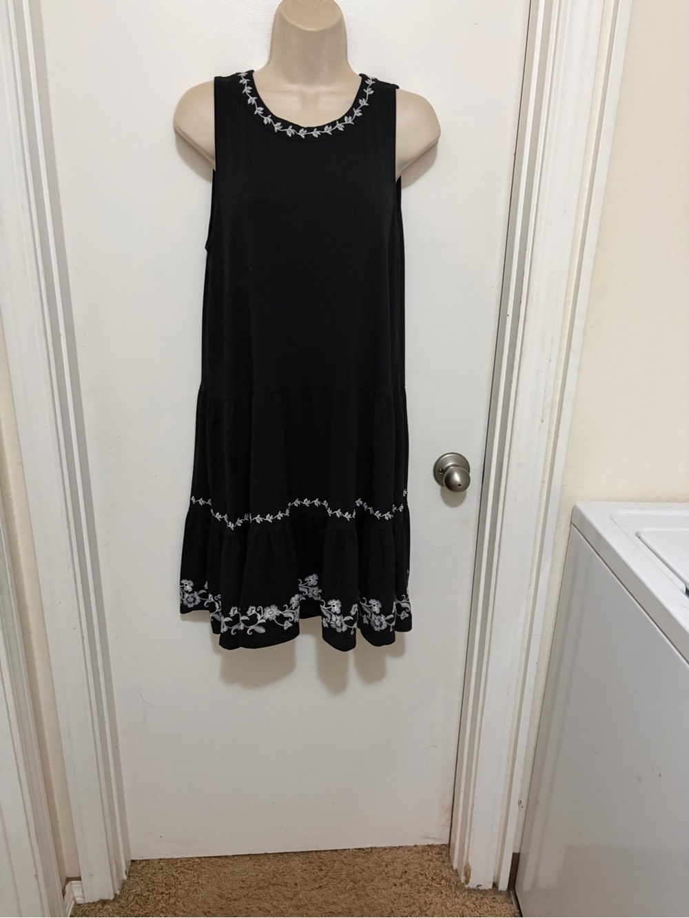 LOFT Black Sleeveless Embroidered Tiered Dress